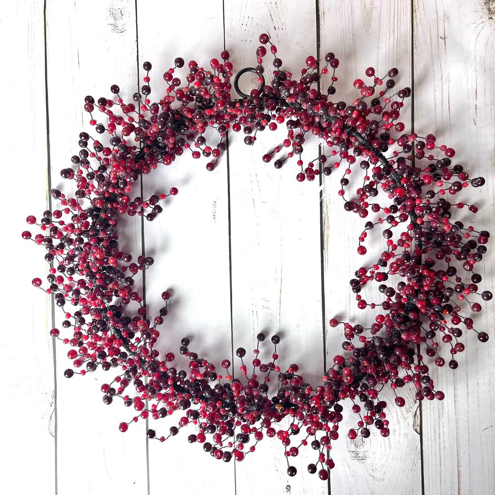 VTG Red Glass Beaded Wreath Beads on Black Flexible Wire Cranberry Pepperberry